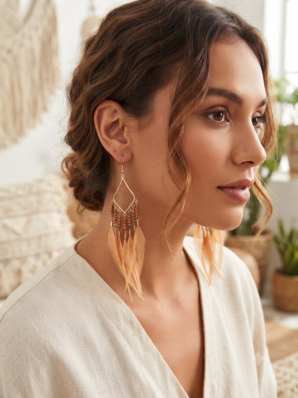 Bohemian Light Orange Brownish  Feather Drop Earrings